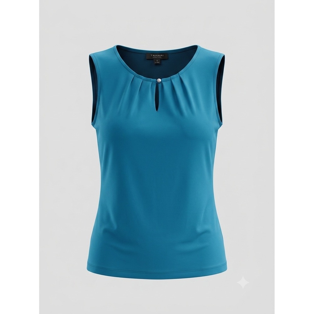 Tahari Arthur S. Levine Teal Minimalist Modern Pleated Keyhole Sleeveless Top S